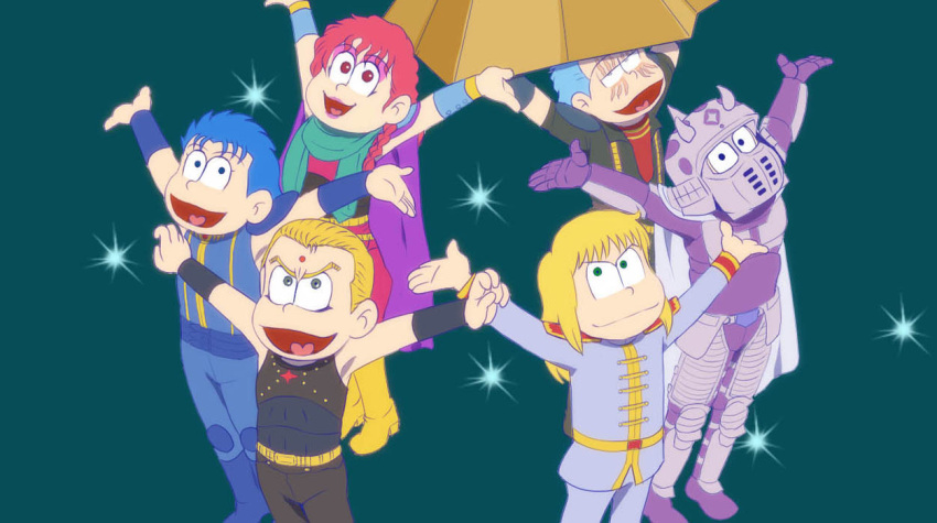 1girl, 5boys, armor, arms_up, belt, blonde_hair, blue_hair, braid