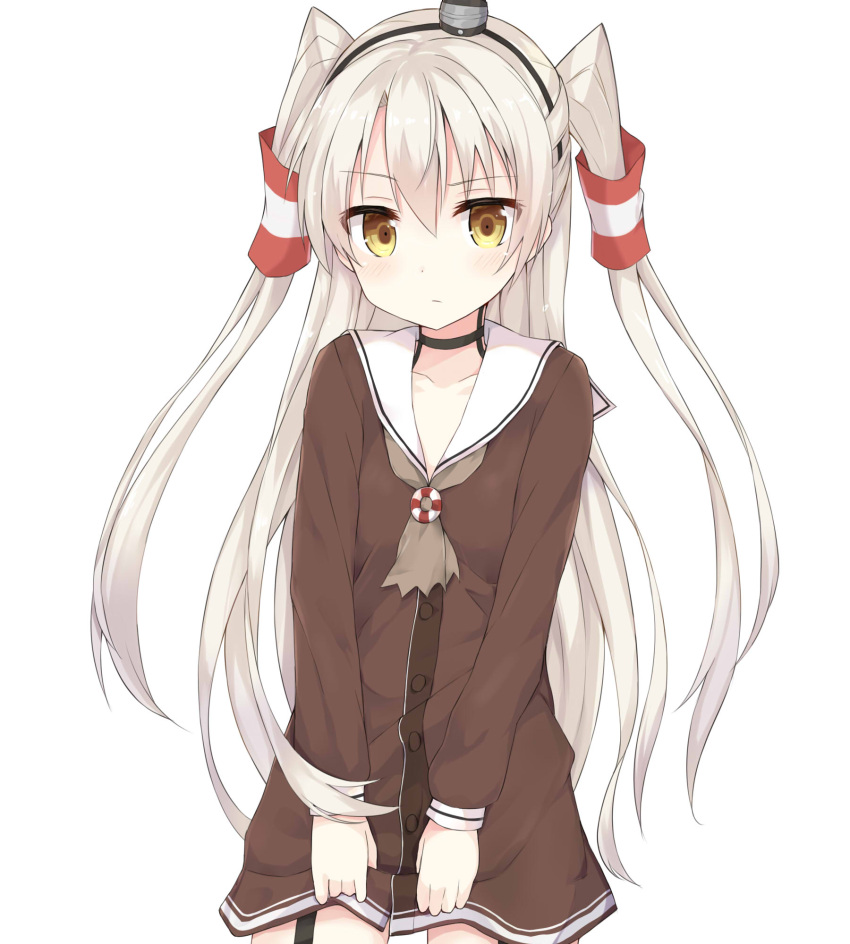 1girl, amatsukaze_(kantai_collection), blush, brown_eyes, buttons, chicking, collarbone, cowboy_shot