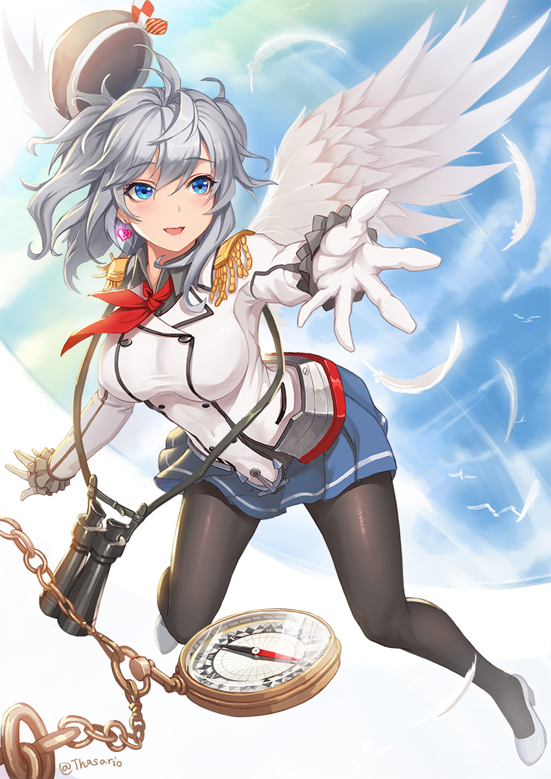 1girl, angel_wings, beret, binoculars, compass, epaulettes, frilled_sleeves, frills