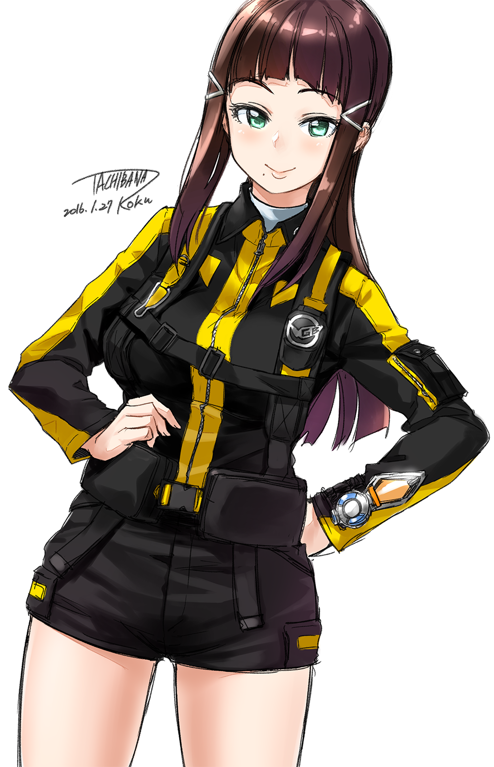 1girl, artist_name, bangs, belt, belt_pouch, blunt_bangs, brown_hair, cosplay
