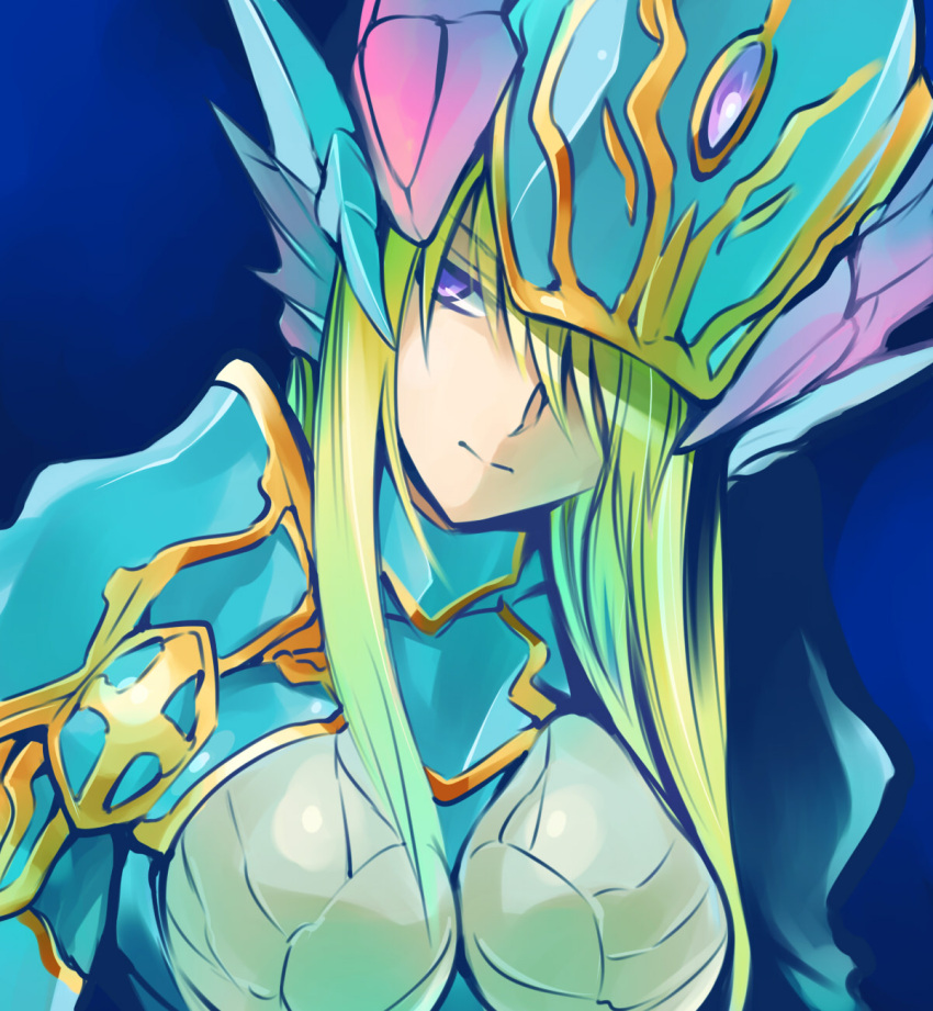 1girl, armor, blonde_hair, blue_background, blue_sonia_(p&amp;d), dragon_girl, hair_over_one_eye, head_fins