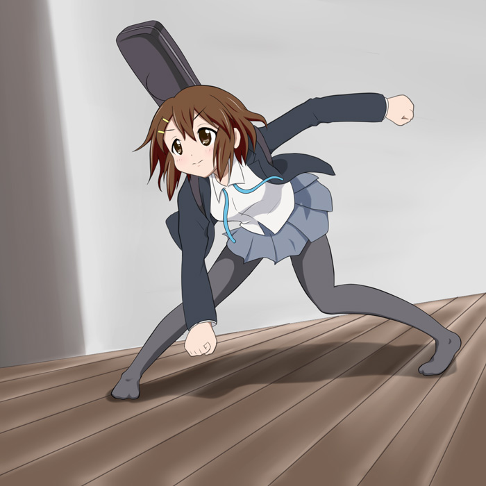 brown_hair, guitar_case, hirasawa_yui, instrument_case, k-on!, pantyhose, pose, qwer