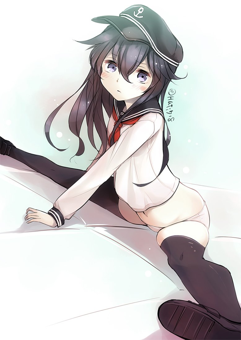 1girl, akatsuki_(kantai_collection), anchor_symbol, belly, black_legwear, collared_shirt, commentary_request, flat_cap