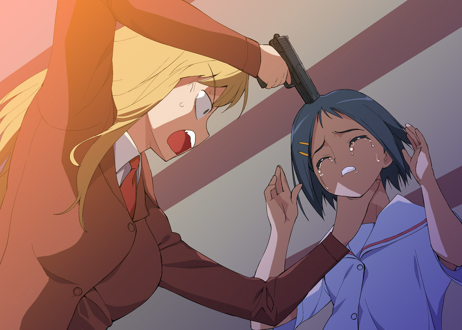 abuse, gun, gun_to_head, gunpoint, handgun, ikeda_kana, kubo_takako, pistol
