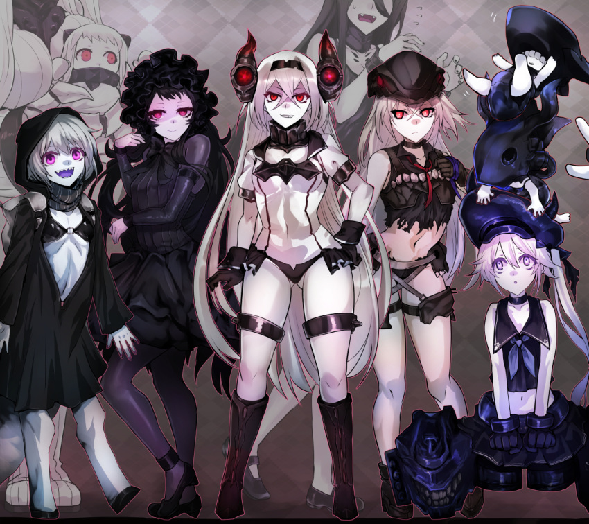 6+girls, :d, :o, air_defense_hime, amputee, baby, battleship_hime, bikini_top