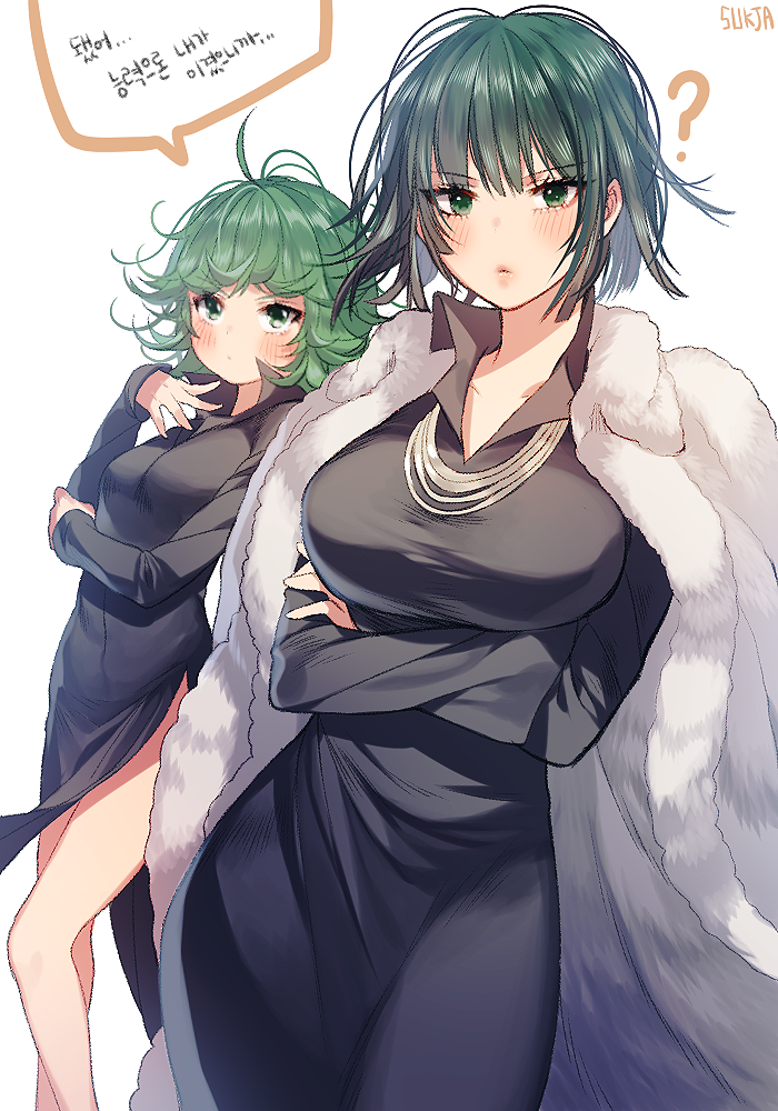 2girls, ?, black_dress, black_hair, breasts, crossed_arms, dress, fubuki_(one-punch_man)