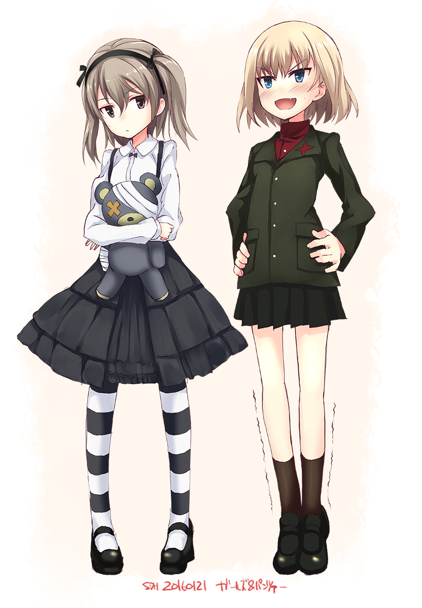 2girls, bandages, black_dress, black_legwear, black_skirt, blonde_hair, blue_eyes, blush, brown_eyes, brown_hair, dress, fang, frilled_dress, frills, girls_und_panzer, hair_ribbon, hairband, hands_on_hips, height_conscious, height_difference, highres, holding, jacket, katyusha, loafers, long_hair, long_sleeves, looking_at_another, mary_janes, miniskirt, open_mouth, pantyhose, pleated_skirt, ribbon, sasakawa_arumi, school_uniform, shimada_arisu, shoes, short_hair, side_ponytail, skirt, smile, socks, standing, striped, striped_legwear, stuffed_animal, stuffed_toy, sweatdrop, teddy_bear, tiptoes, trembling, turtleneck, white_background, white_blouse