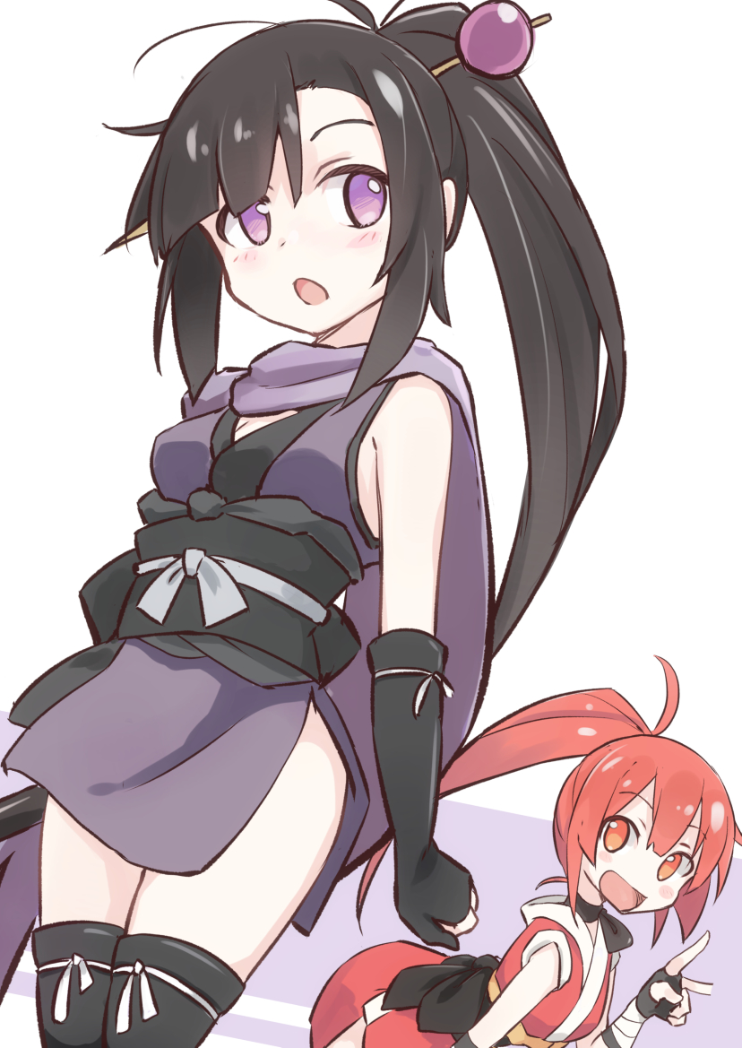 2girls, bangs, bent_over, black_hair, blunt_bangs, blush, blush_stickers, breasts