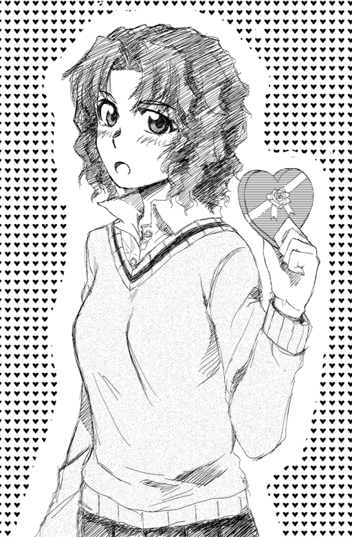 1girl, amagami, black_hair, blazer, blush, box_of_chocolates, heart, heart_background
