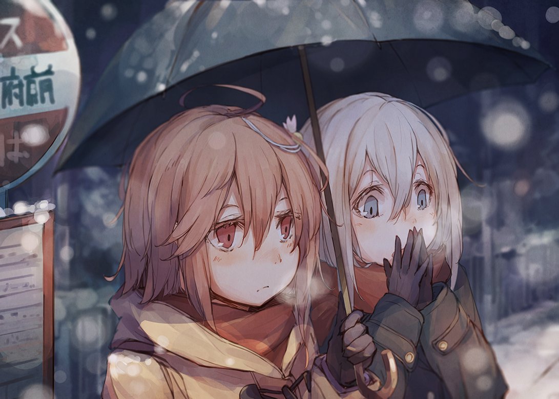 2girls, ahoge, alternate_costume, amoranorem, blonde_hair, breathing_on_hands, brown_eyes, brown_hair