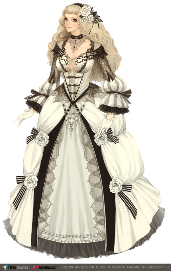 breasts, cleavage, dress, flower, gloves, granado_espada, grey_eyes, hair_flower
