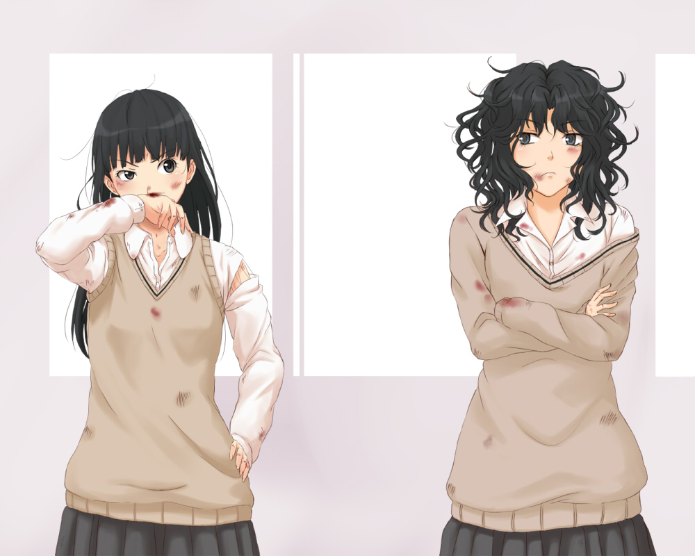 2girls, after_battle, amagami, ayatsuji_tsukasa, black_eyes, black_hair, blazer, blood