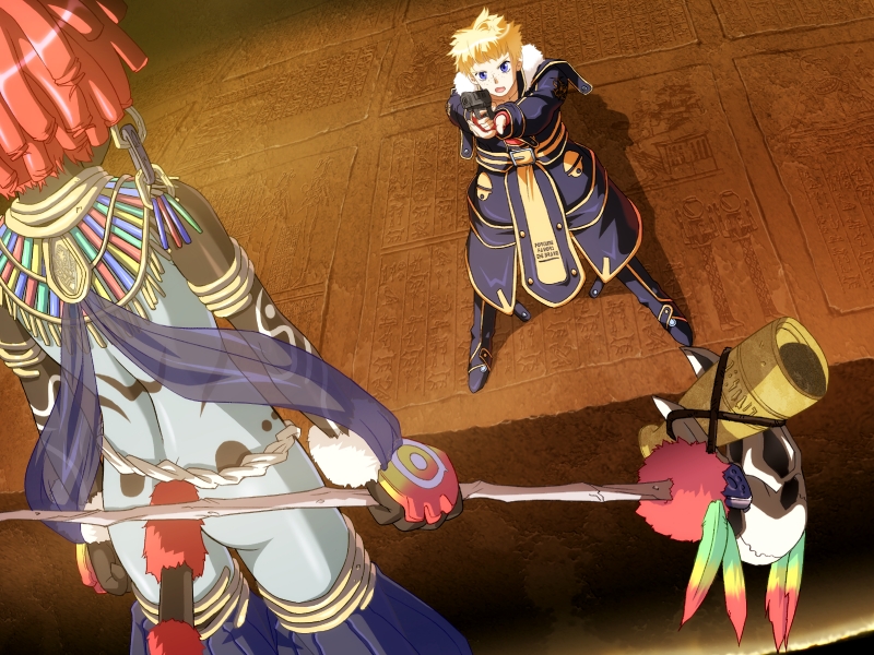 1boy, 1girl, aiming, ass, back, blonde_hair, blue_eyes, bodypaint