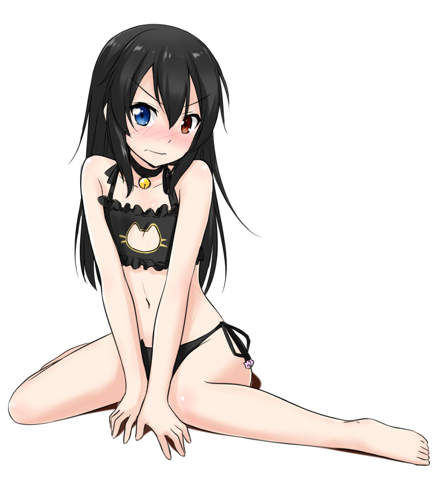 1boy, bellezza_felutia, black_hair, blue_eyes, cat_keyhole_bra, crossdressinging, felutiahime, heterochromia