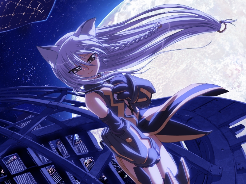 1girl, animal_ears, braid, cannonball_~neko_neko_machine_mou-race!~, cat_ears, cityscape, dutch_angle, floating_hair