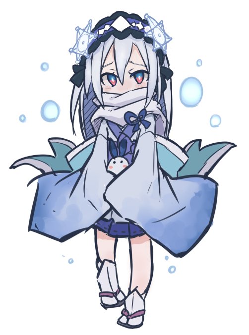 1girl, blue_eyes, blue_hair, blush, bow, duel_monster, ghostrick_yuki-onna, hair_between_eyes