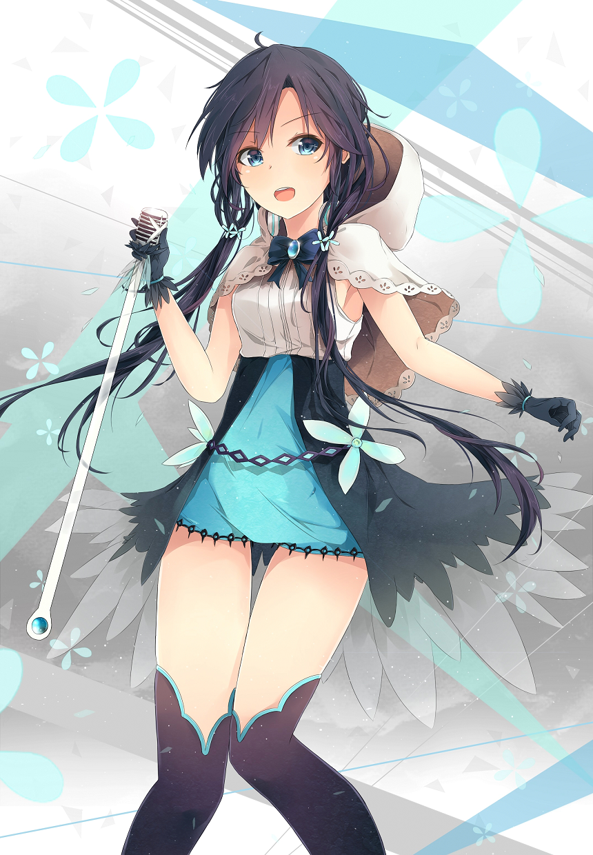 1girl, black_hair, black_legwear, blue_eyes, bow, gloves, hair_ornament, highres