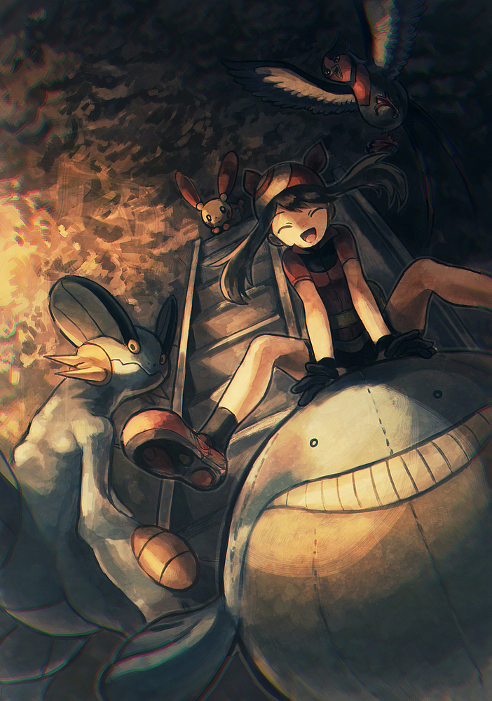 1girl, ^_^, bird, character_request, chromatic_aberration, closed_eyes, haruka_(pokemon), open_mouth