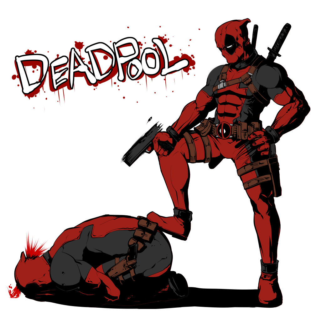 2boys, blood, blood_splatter, character_name, deadpool, dual_persona, firing, foot_on_back