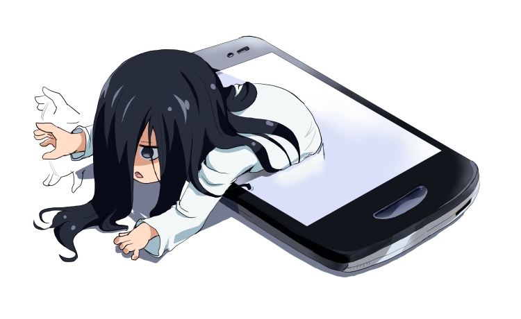 1girl, afterimage, aona_(kuuga19yuu), black_eyes, black_hair, cellphone, chibi, hair_over_one_eye, long_hair, motion_lines, open_mouth, phone, robe, smartphone, solo, struggling, the_ring, through_screen, yamamura_sadako