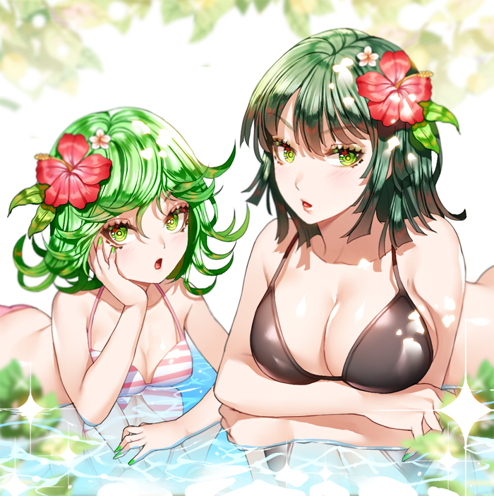 2girls, :o, alternate_costume, alternate_hair_color, bangs, bikini, black_bikini, black_hair, blurry, blush, breast_hold, breasts, cleavage, collarbone, dappled_sunlight, depth_of_field, eyebrows, eyebrows_visible_through_hair, flipped_hair, flower, fubuki_(one-punch_man), ganik_(pisshine), green_eyes, green_hair, green_nails, hair_flower, hair_ornament, halterneck, hand_on_own_cheek, head_rest, hibiscus, large_breasts, leaf, looking_at_viewer, lying, multiple_girls, nail_polish, on_stomach, one-punch_man, pink_bikini, pink_lips, red_flower, reflection, ringed_eyes, short_hair, siblings, sisters, sparkle, string_bikini, striped, striped_bikini, striped_swimsuit, summer, sunlight, swimsuit, tatsumaki, upper_body, water
