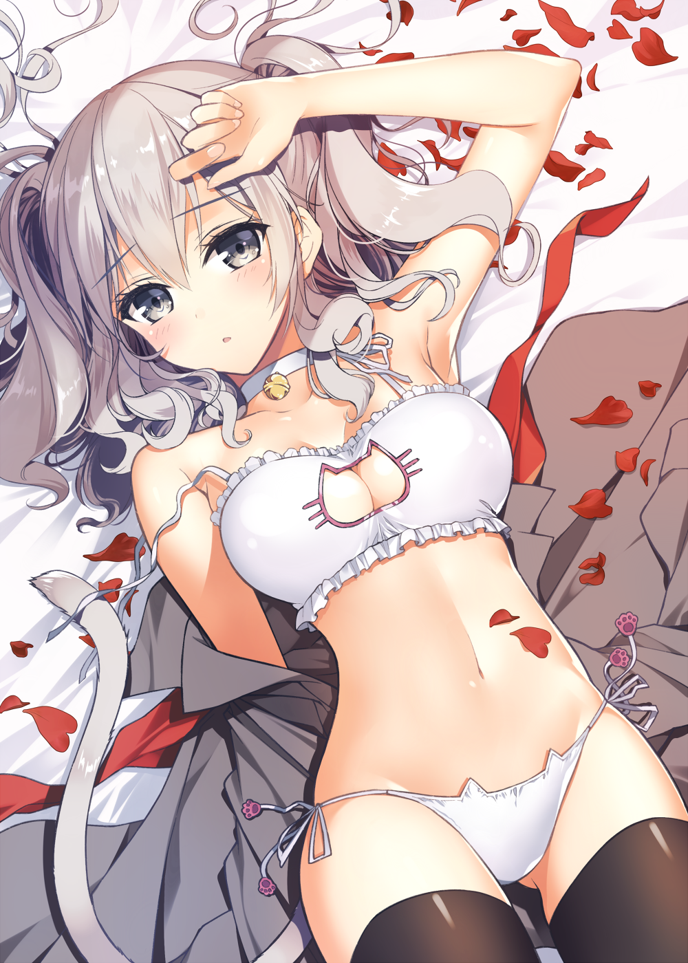1girl, alternate_costume, arm_at_side, arm_up, armpits, ass_visible_through_thighs, bangs, bare_shoulders, bell, bell_choker, black_legwear, blush, cat_cutout, cat_keyhole_bra, cat_lingerie, choker, collarbone, cowboy_shot, dress_shirt, eyebrows, eyebrows_visible_through_hair, frills, grey_eyes, grey_eyes, hair_between_eyes, highres, jingle_bell, kantai_collection, kashima_(kantai_collection), kurosawalena, looking_at_viewer, lying, navel, off_shoulder, on_back, open_clothes, open_shirt, panties, paw_print, petals, red_ribbon, ribbon, shirt, side-tie_panties, silver_hair, solo, stomach, strapless, string_panties, thigh-highs, twintails, underwear, untied, white_panties