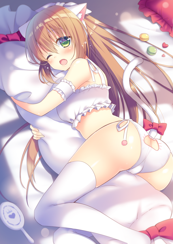 1girl, ;o, alternate_costume, animal_ears, armband, ass, bangs, bell