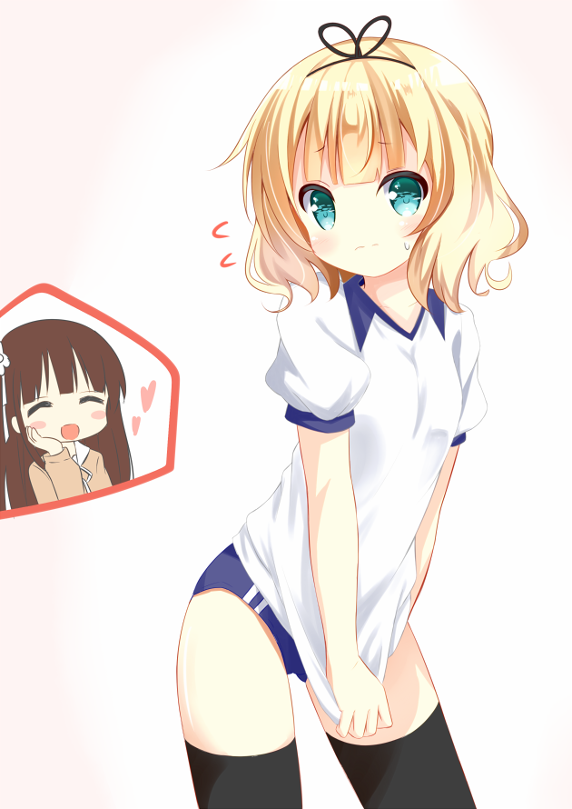 2girls, blonde_hair, blue_eyes, buruma, gochuumon_wa_usagi_desu_ka?, gym_uniform, kirima_sharo, multiple_girls, nagomi_yayado, shirt_tug, short_hair, thigh-highs, ujimatsu_chiya