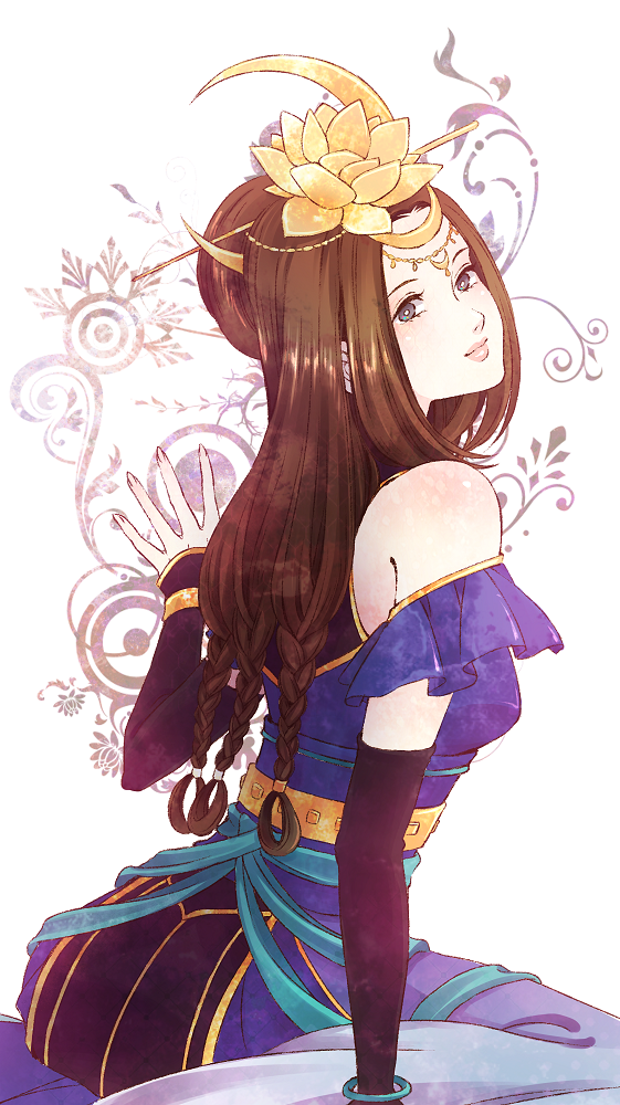 1girl, back, braid, brown_eyes, brown_hair, cai_wenji_(shin_sangoku_musou), hair_ornament, inahachi