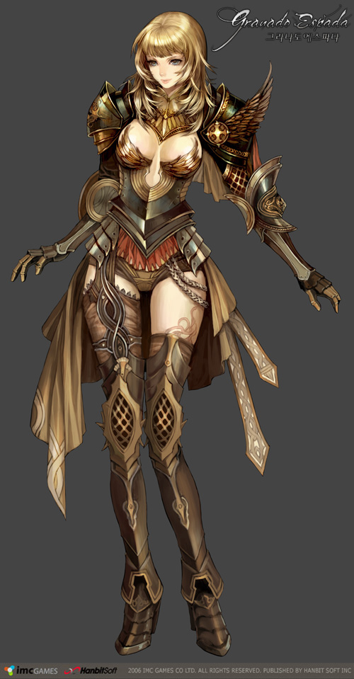 blonde_hair, blue_eyes, boots, breasts, chain, fighter_(granado_espada), granado_espada, greaves