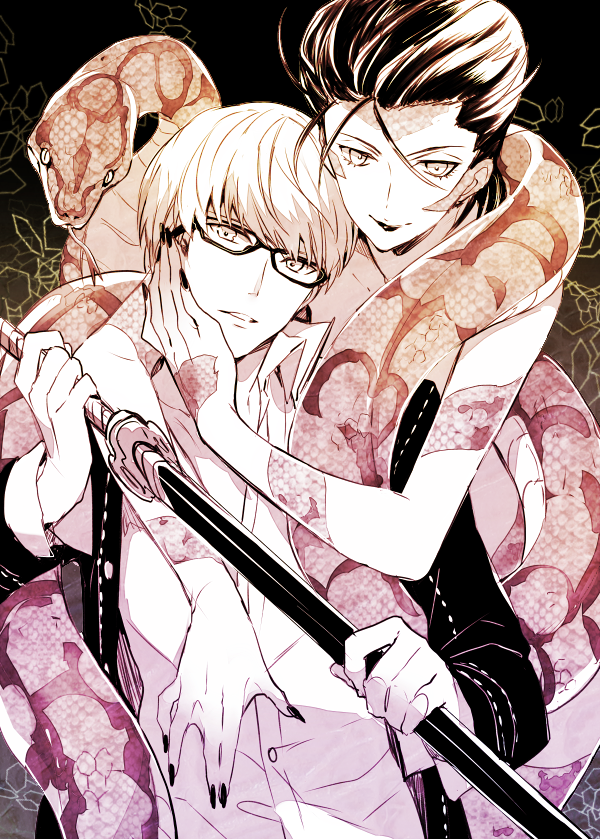 1boy, 1girl, anaconda, glasses, hand_on_another's_face, hug, hug_from_behind, katana, kuroemon, lilith_(megami_tensei), narukami_yuu, partially_colored, persona, persona_4, short_hair, smile, snake, sword, weapon