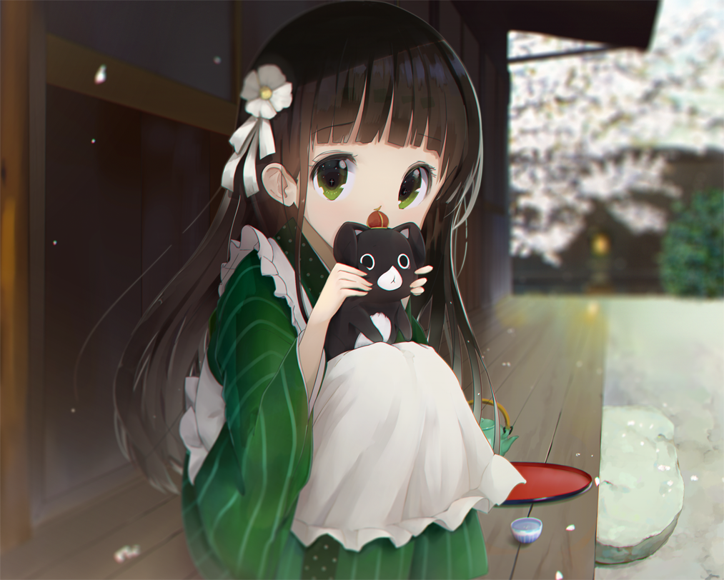1girl, ama_usa_an_uniform, animal, animal_on_lap, anko_(gochuumon_wa_usagi_desuka?), apron, bangs, blunt_bangs