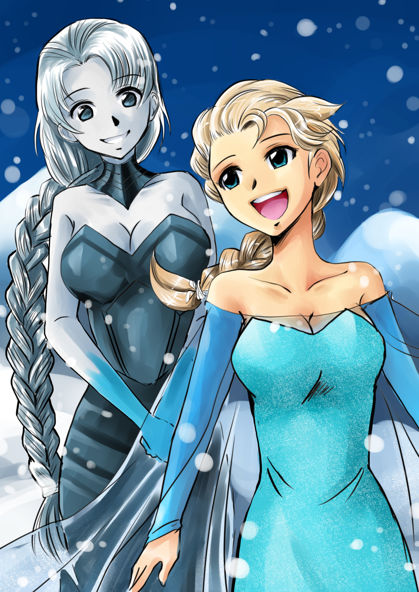 2girls, absurdres, aya_yanagisawa, crossover, disney, dress, elsa_(frozen), frozen_(disney)