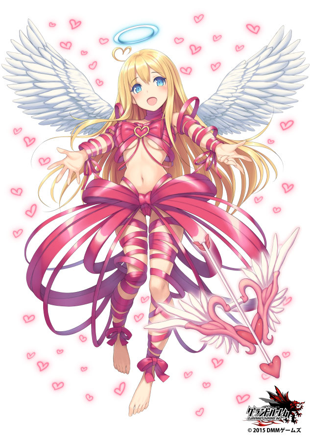 1girl, angel_wings, arm_ribbon, arrow, blonde_hair, blue_eyes, bow, bow_(weapon), breasts, brooch, grand_harem, halo, heart, jewelry, leg_ribbon, long_hair, naked_ribbon, navel, outstretched_arms, pokachu, ribbon, solo, under_boob, very_long_hair, weapon, wings