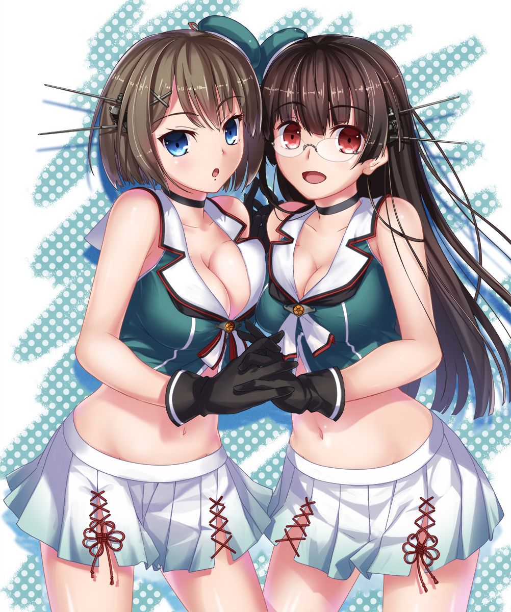2girls, black_gloves, black_hair, breast_press, breasts, brown_hair, choukai_(kantai_collection), cleavage