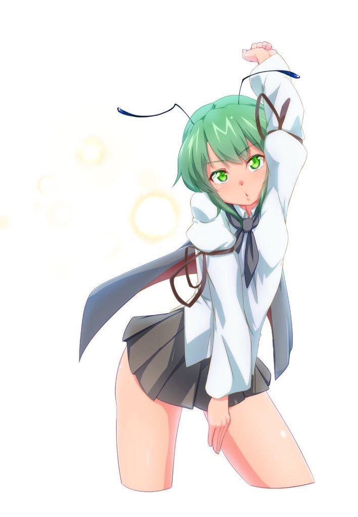 1girl, antennae, arm_up, cape, green_eyes, green_hair, miniskirt, pose, skirt, solo, tenyunkel, touhou, wriggle_nightbug