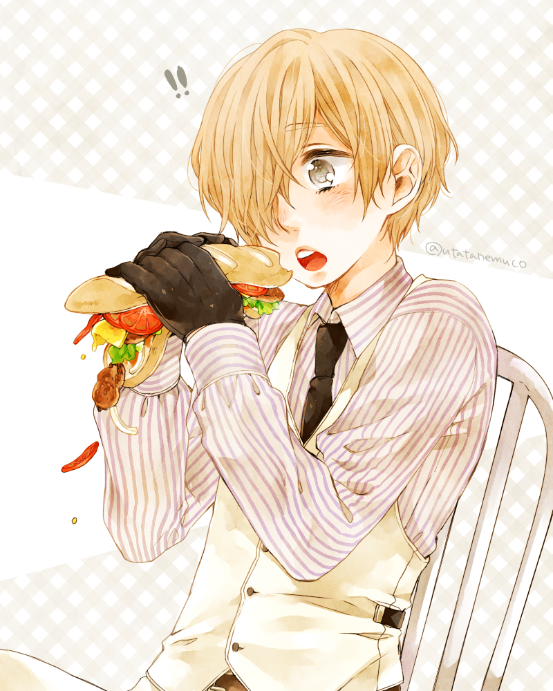 !!, 1boy, axis_powers_hetalia, blonde_hair, blush, eating, food, gloves