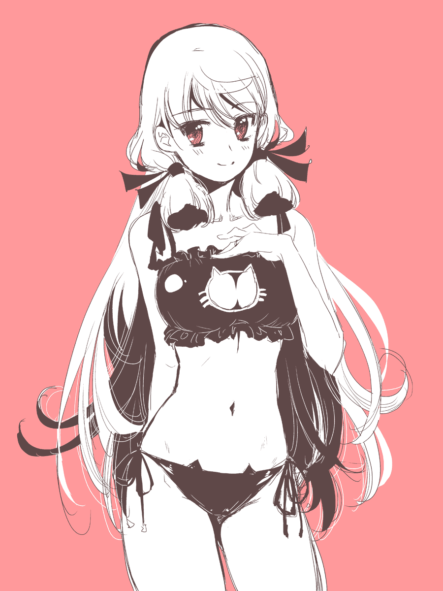 1girl, akashi_(kantai_collection), blush, bra, breasts, cat_cutout, cat_keyhole_bra, cat_lingerie, cleavage, cleavage_cutout, enami_(e373), hair_ribbon, highres, kantai_collection, long_hair, looking_at_viewer, monochrome, navel, panties, ribbon, side-tie_panties, sketch, smile, solo, tress_ribbon, underwear, underwear_only