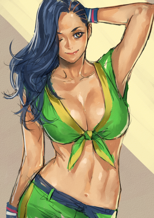 1girl, asymmetrical_hair, black_hair, bracelet, breasts, brown_eyes, cleavage, contrapposto