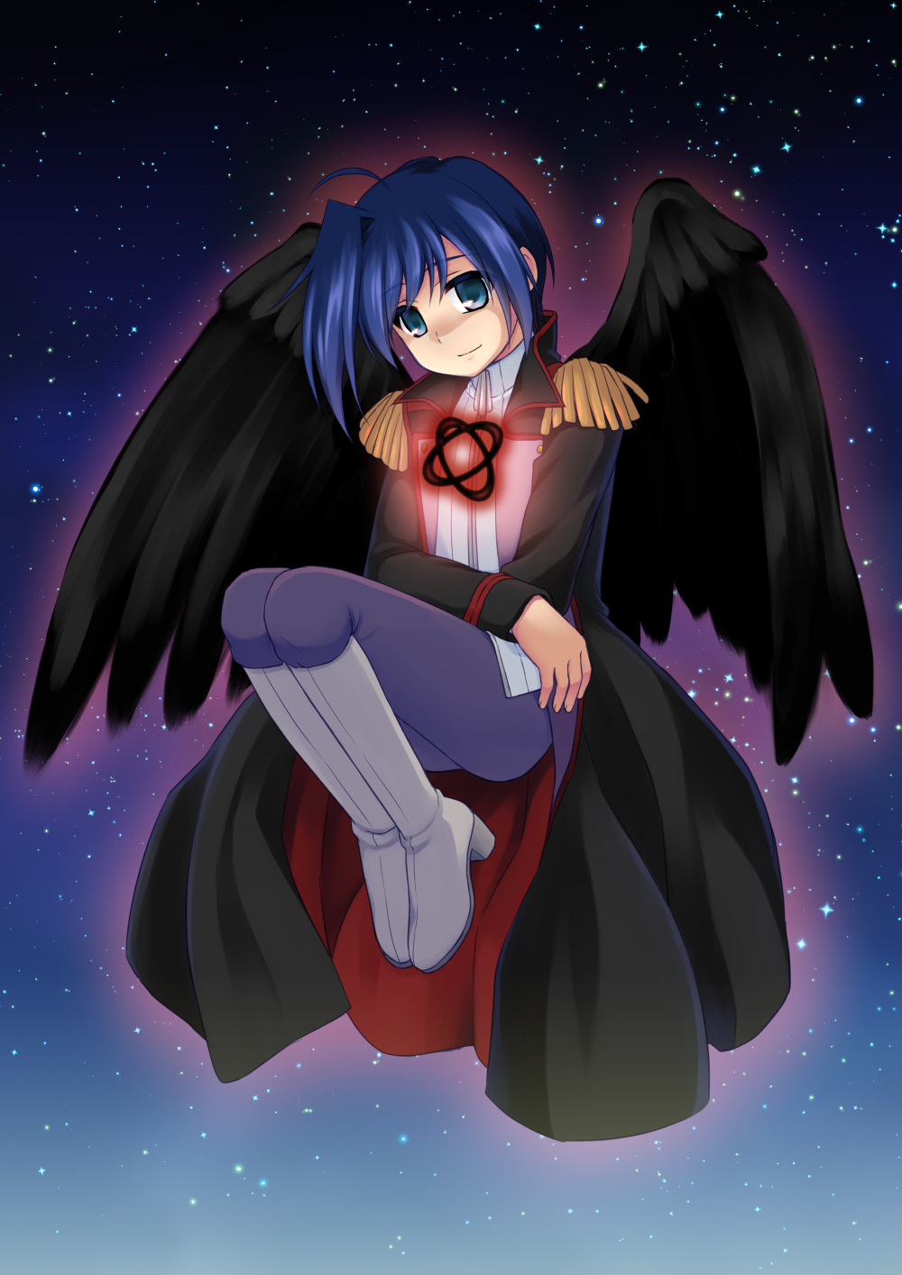 1boy, ahoge, black_wings, blue_eyes, blue_hair, boots, cardfight!!_vanguard, epaulettes, highres, male_focus, sendou_aichi, short_hair, sky, smile, solo, star_(sky), starry_sky, tachibana_meguru, wings