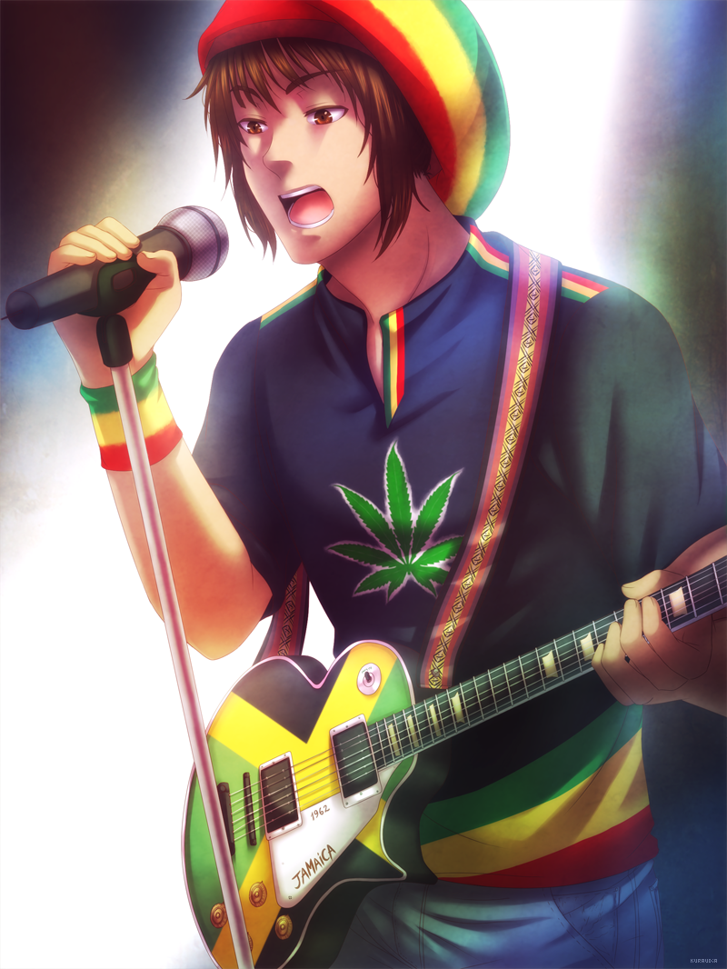 1boy, artist_name, axis_powers_hetalia, brown_hair, guitar, hat, instrument, jamaica_(hetalia)