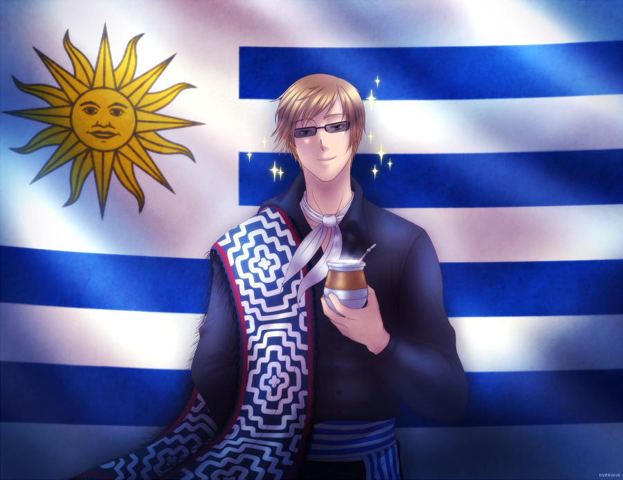 1boy, artist_name, axis_powers_hetalia, blonde_hair, flag, kuraudia, solo, sparkle, sunglasses, uruguay, uruguay_(hetalia)
