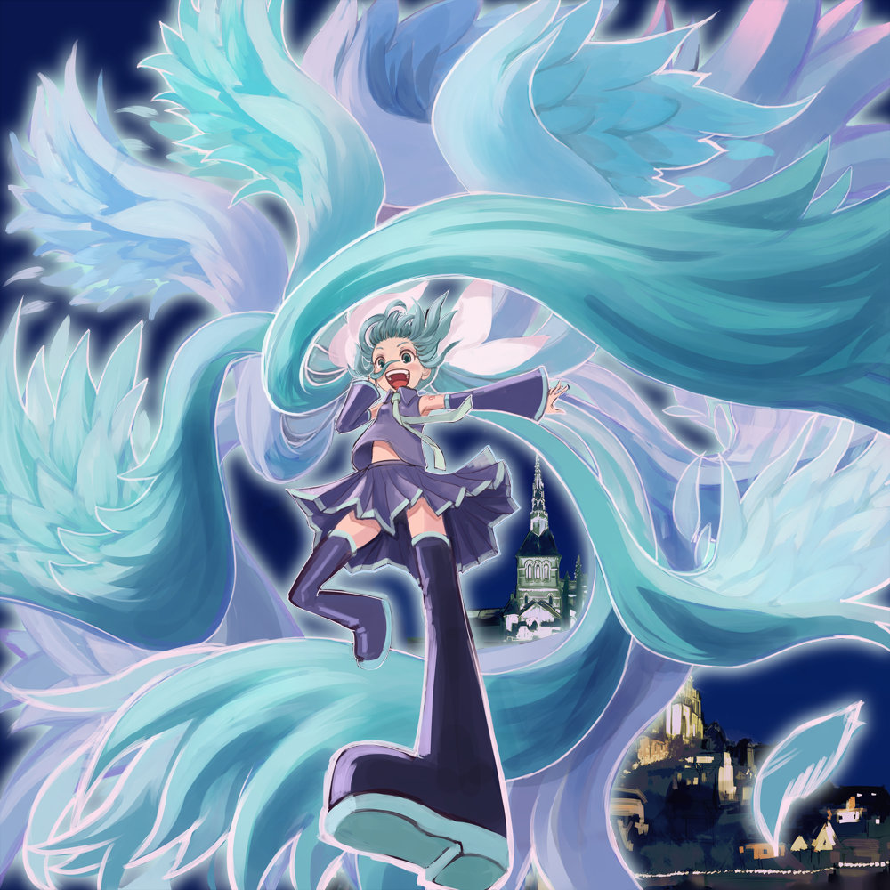 aqua_hair, bad_id, flying, hair_ribbon, hair_wings, hatsune_miku, kansou_samehada, kansousamehada