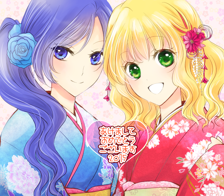 2girls, angelique_(series), blonde_hair, blue_eyes, blue_hair, blush, green_eyes, japanese_clothes, kimono, long_hair, looking_at_viewer, multiple_girls, smile, sugi_(yurinagi)