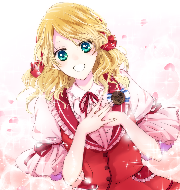 1girl, angelique_(series), blonde_hair, bubble_background, green_eyes, long_hair, looking_at_viewer, smile