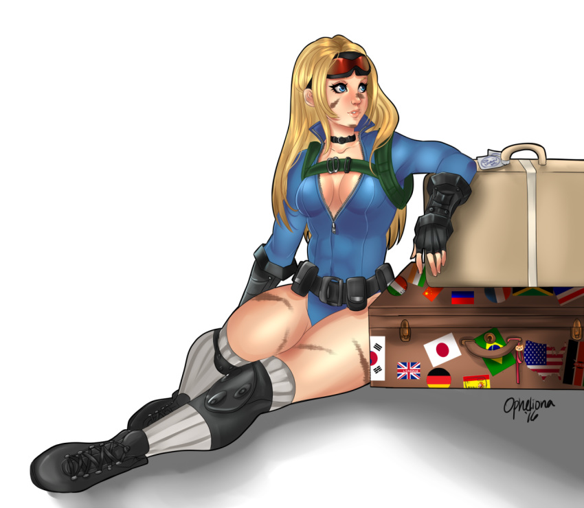 1girl, alternate_costume, alternate_hair_length, alternate_hairstyle, blonde_hair, blue_eyes, breasts, cammy_white, camouflage, choker, cleavage, facepaint, fingerless_gloves, flag, full_body, gloves, goggles, goggles_on_head, hair_down, high_collar, knee_pads, leotard, lips, long_hair, long_sleeves, luggage, no_bra, nose, opheliona, over-kneehighs, shoes, signature, sitting, sneakers, solo, street_fighter, street_fighter_v, thigh-highs, unzipped, white_background
