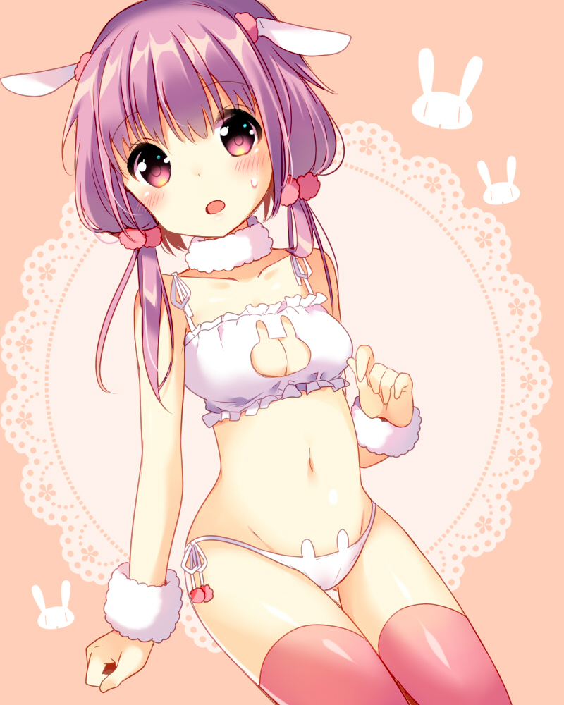 1girl, :o, alternate_costume, animal_cutout, animal_ears, arm_at_side, bangs, bell, bell_choker, blush, cat_keyhole_bra, chibi_inset, choker, collarbone, cowboy_shot, detached_collar, eyebrows, eyebrows_visible_through_hair, fake_animal_ears, frills, fur_trim, hair_bobbles, hair_ornament, ikari_(aor3507), jingle_bell, lace_background, looking_at_viewer, navel, panties, parody, pink_legwear, purple_hair, rabbit, rabbit_ears, short_hair_with_long_locks, side-tie_panties, solo, stomach, sweat, thigh-highs, thigh_gap, underwear, underwear_only, violet_eyes, vocaloid, voiceroid, white_panties, wrist_cuffs, yuzuki_yukari