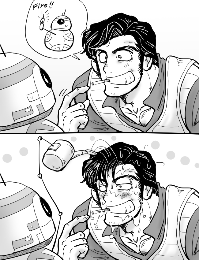 2koma, bb-8, cigarette, comic, grin, medaman77, poe_dameron, pointing