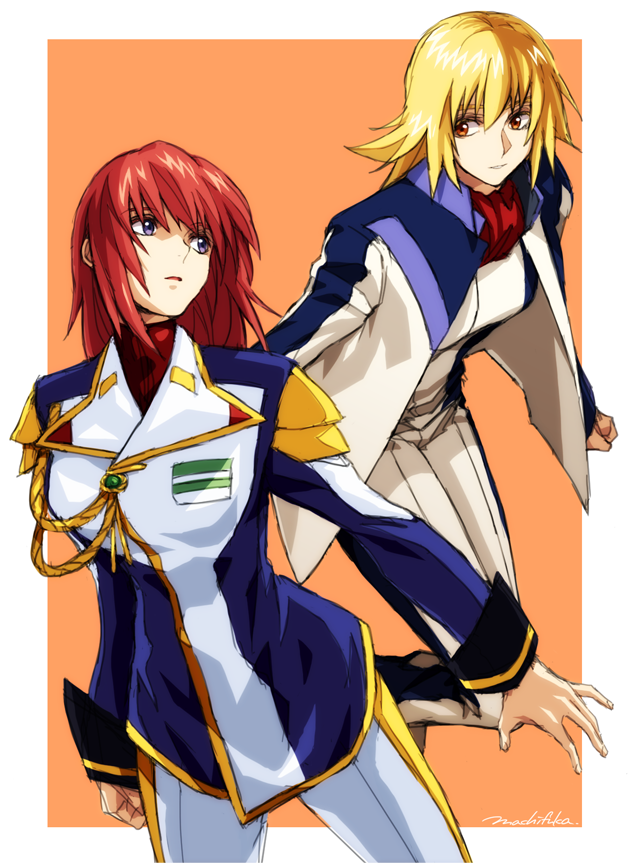 2girls, aiguillette, blonde_hair, blue_eyes, cagalli_yula_athha, cosplay, costume_switch, crossover