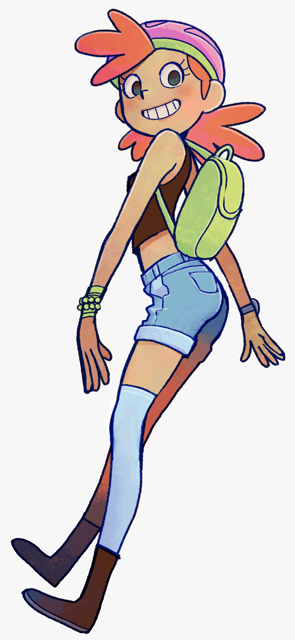 1girl, amy_(clarence), backpack, bag, bicycle_helmet, clarence, denim, denim_shorts, helmet, highres, looking_at_viewer, midriff, orange_hair, ramb_chop, redhead, shorts, smile, tank_top, thigh-highs, watch, watch